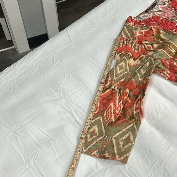 JONES NEW YORK Size Medium 100% Linen Embellished Yoke Tunic Ikat Loden Artsy - Picture 6 of 10